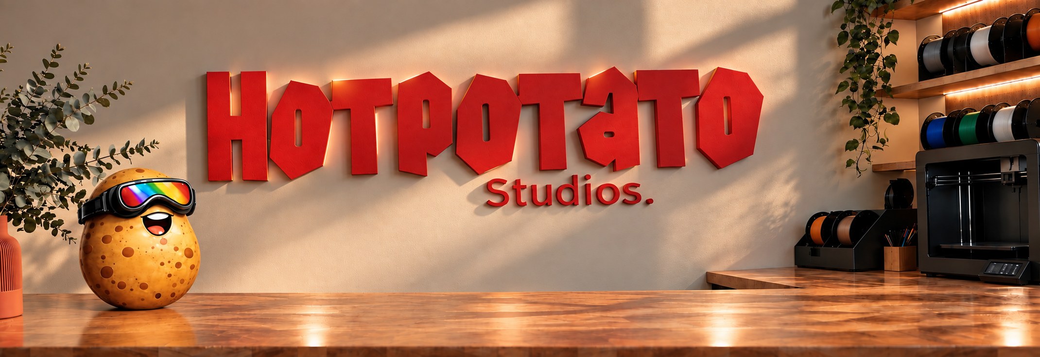 Hot Potato Studios: uithangbord in de studio, met 3D-printer en filamentrek